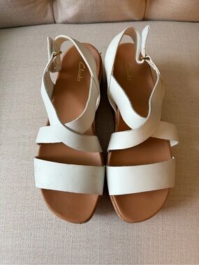 Clarks White Kimmei Cork Wedge Sandals
